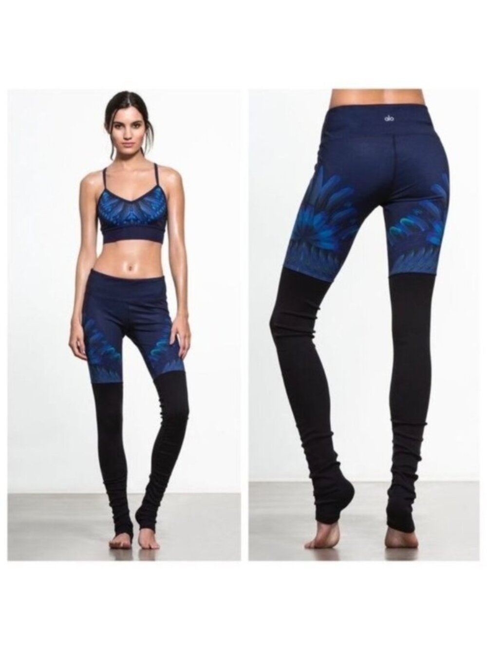 Alo Yoga Gypset Goddess Leggings Feather Print Ribbed Black Detail